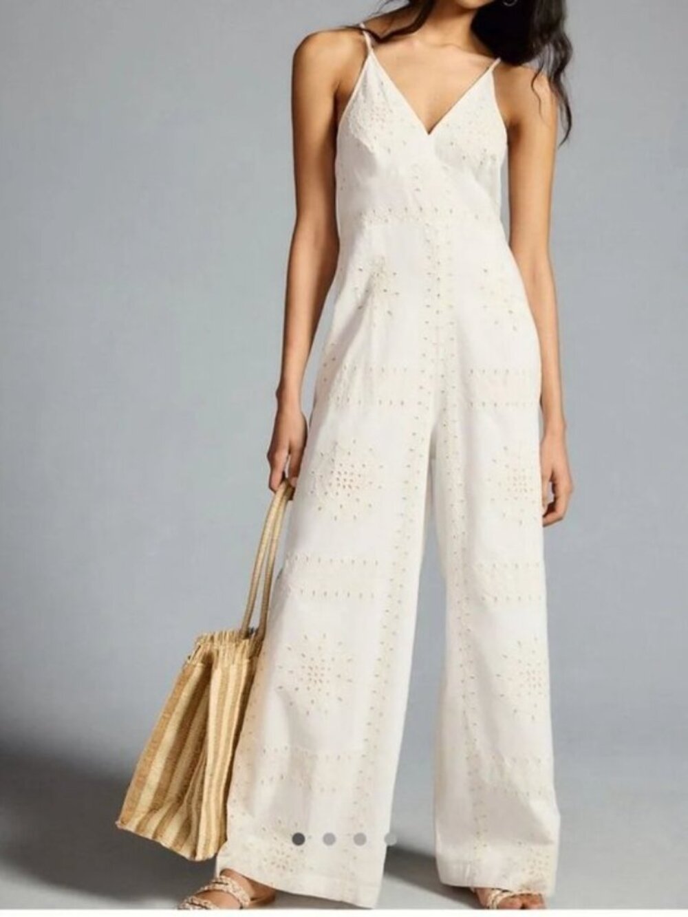 Anthropologie Ranna Gill White Eyelet Spaghetti Strap Halter Jumpsuit